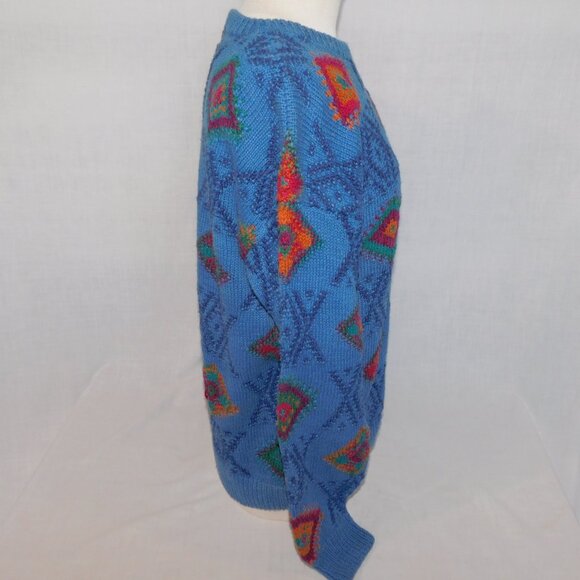 VTG Northern Isles Hand Knit Blue Multicolour Diamond Crew Neck Sweater Womens M - Picture 7 of 10